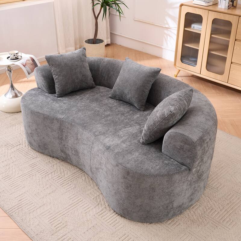 Chenille Crescent-Shaped Loveseat Sofa, High-Resilience Foam Filled 3-Seater Sofa, Upholstered Floor Sofa with Pillows