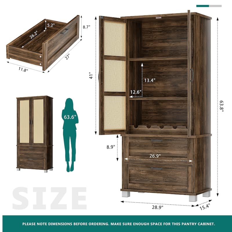 Rattan Door Pantry Storage Cabinet with Wine Rack - Freestanding Storage Organizer with Anti-Tip