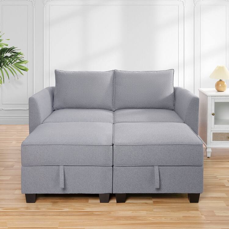 Modern DIY Convertible Modular Sectional Sofa Collection with Loveseat, Sofa, and Ottomans - Loveseat with Double Ottoman,Gray