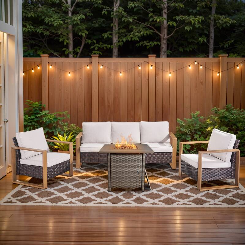 Pocassy 4/6/8PCS Sofa Swivel Chair with Fire Pit Table Set - Brown Wicker Beige Cushion - 4-Piece Sofa Patio Chair with Fire Table