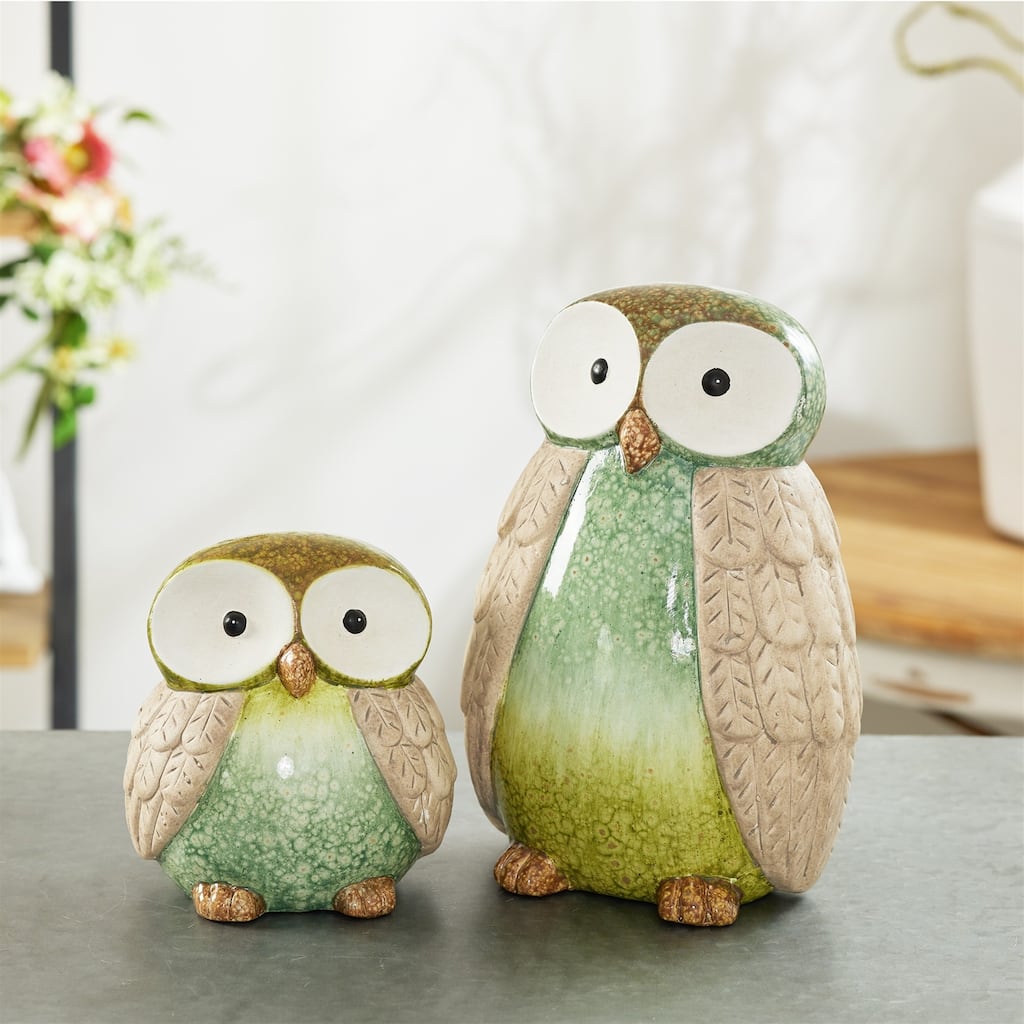 Etched Feather Terracotta Owl Figurines - 9.5" - Green and Teal Blue - Set of 2