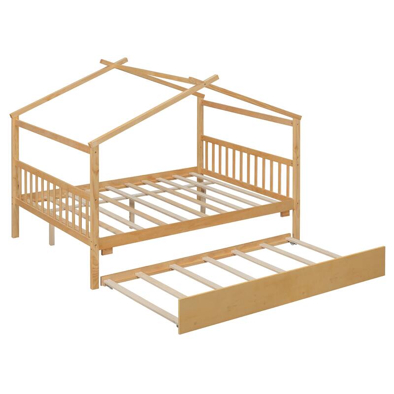 Full Size Wooden House Bed with Twin Trundle, Natural Finish, Pinewood Construction