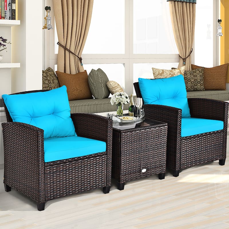 Outdoor 3-piece Cushioned Rattan Patio Furniture Conversation Set