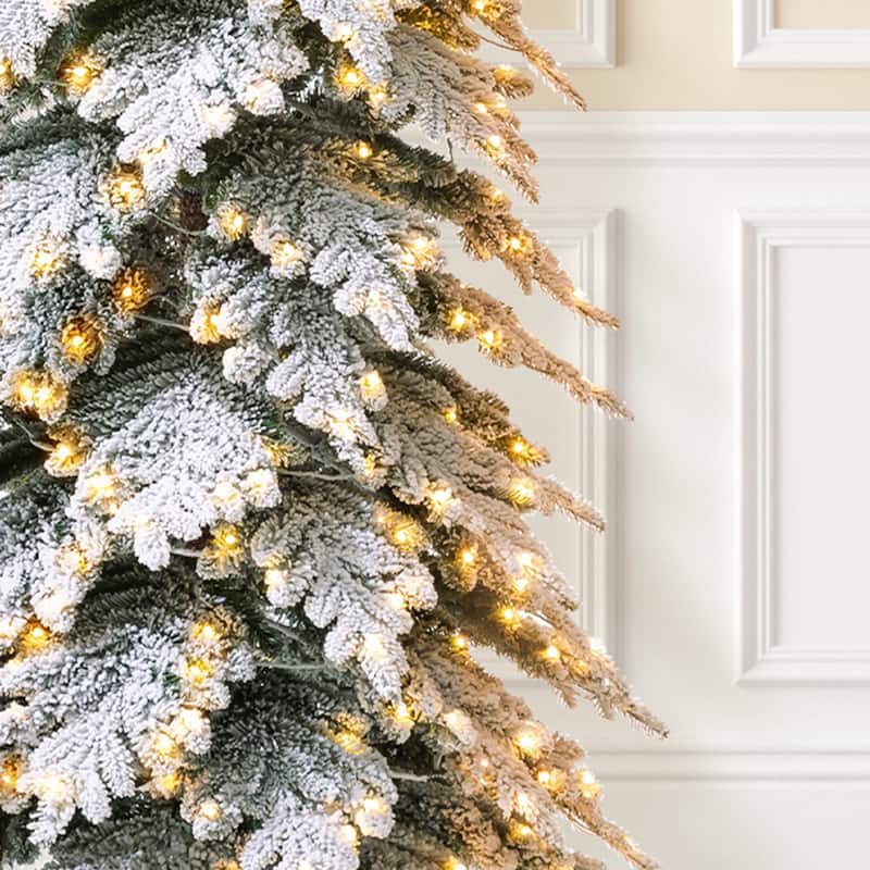 Glitzhome 11ft Pre-Lit Flocked Pencil Spruce Artificial Christmas Tree with 700 Warm White Lights