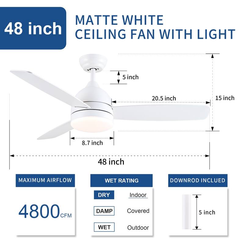YUHAO 28 in. Integrated LED Indoor Matte White Ceiling Fans with Light Kit and Remote Control