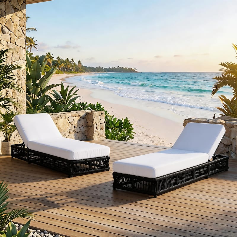 2-Piece Adjustable Backrest Outdoor Chaise Lounge Chair Patio Pool Lounger - Black Frame+Beige Cushion