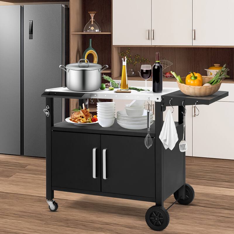 Outdoor Grill Cart with Foldable Side Table Iron Frame, Mobile BBQ Station with Storage Cabinet, Spice Rack & Lockable Wheels