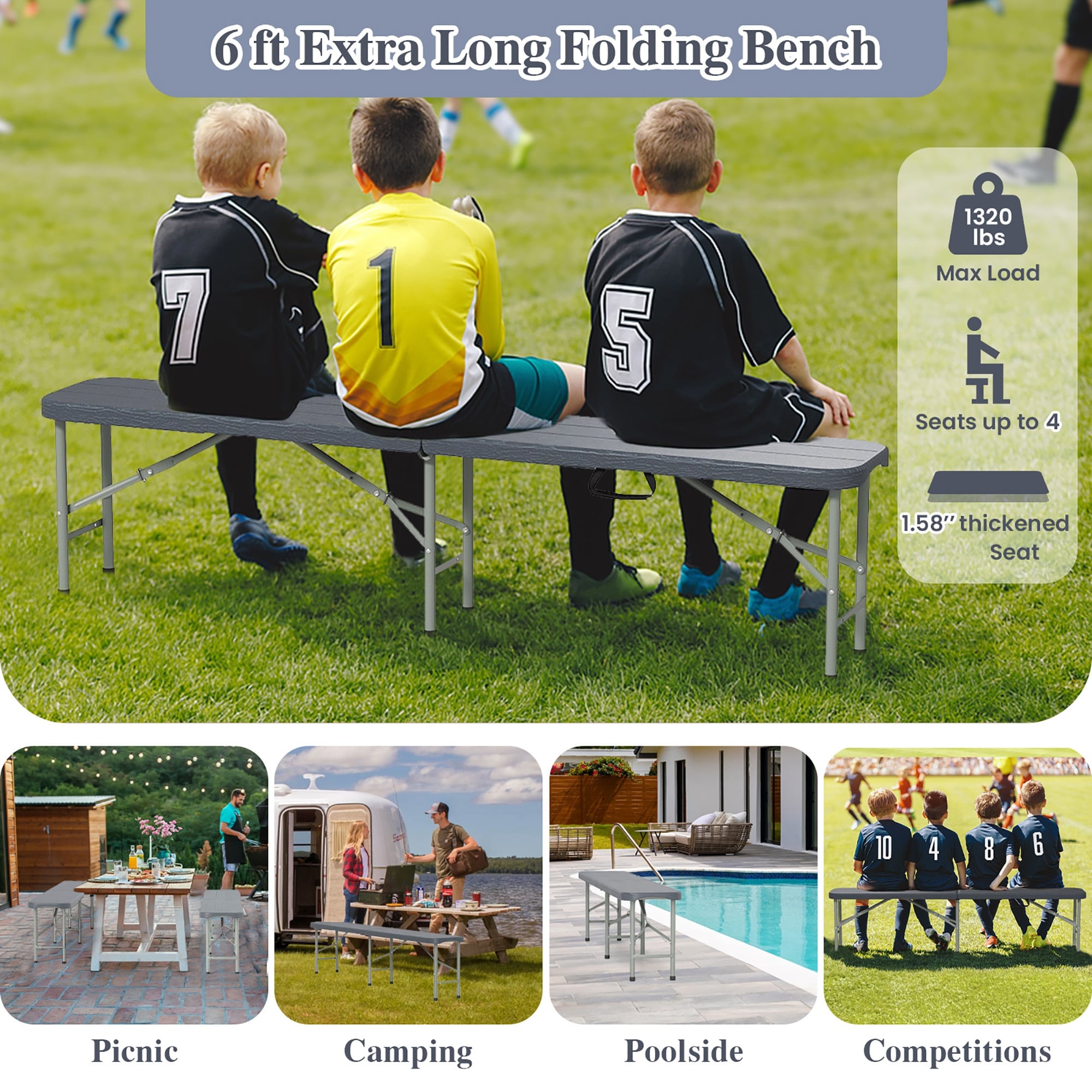 Gymax 6 ft Plastic Folding Bench Portable Fold-in-Half Seat w