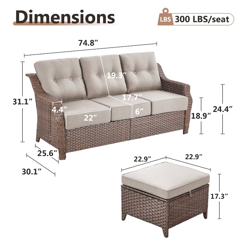 Artisan 3-Seat Wicker Patio Sofa with 6-Inch Thick Cushions and 2 Ottomans