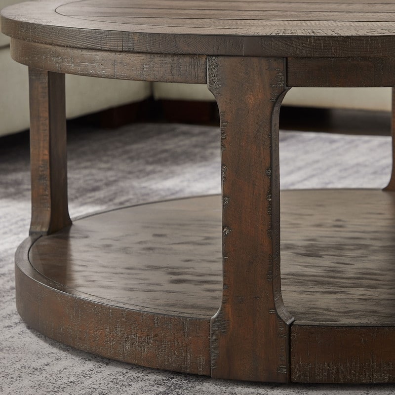 40" Large Curved Two-Tier Traditional Round Wooden Coffee Table with Wheels, Mid-Century Rustic Style