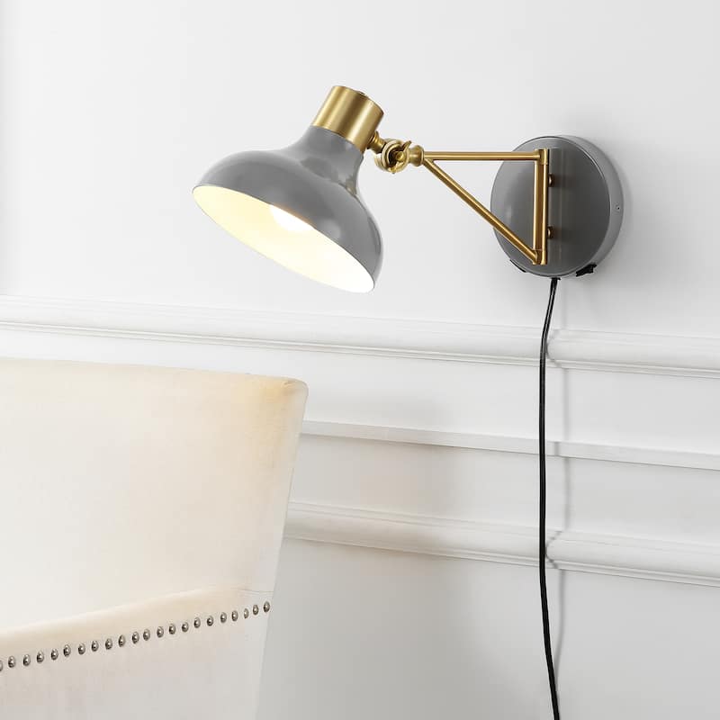 Lisa Swing Arm 1-Light Modern Midcentury Iron USB Charging Port LED Sconce, by JONATHAN Y - Gray