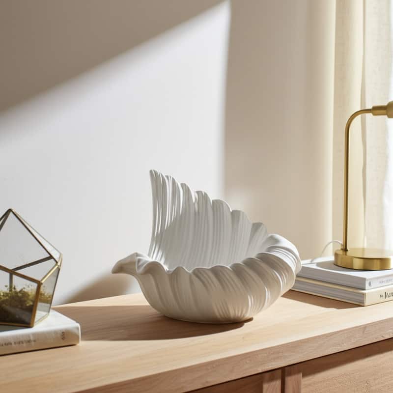 Ceramic Bowl Textured Shell-Inspired Design for Home Decor - 13" White - 16" x 12" x 13"