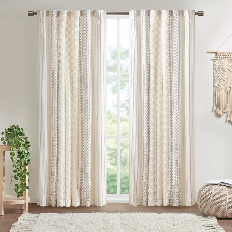 Rossetta Chenille Stripe Textured artisanal look Cotton Printed Curtain Panel, Only 1 Piece Panel - Ivory+Multi