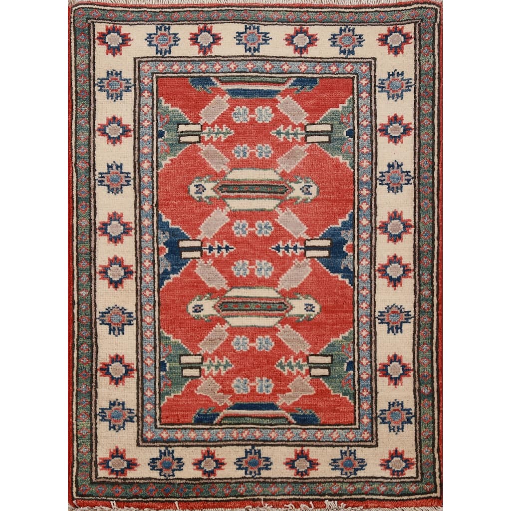 Geometric Kazak Accent Rug Oriental Hand-Knotted Wool Carpet - 2'0"x 3'0"