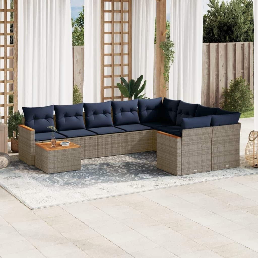 vidaXL 10 Piece Patio Sofa Set with Cushions Black/Gray Poly Rattan - 24.4 x 24.4 x 27.2