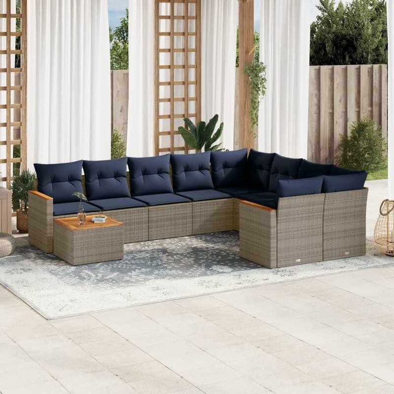 vidaXL 10 Piece Patio Sofa Set with Cushions Black/Gray Poly Rattan - 24.4 x 24.4 x 27.2 - Gray