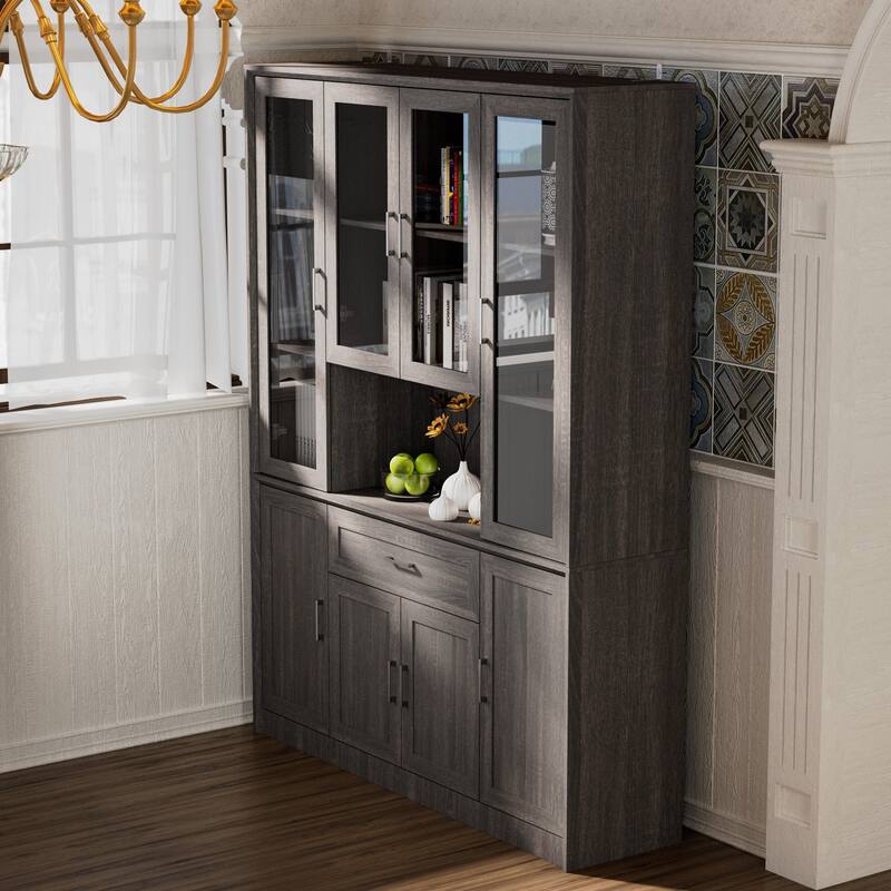 Modular Glass Door Bookcase Wall Unit with Storage Cabinets and Drawers, Dark Oak Display Hutch for Living Room or Home Office