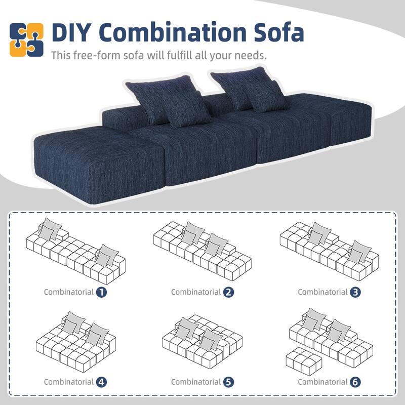 Floor Sofa Sectional Couch with 2 Ottoman, Modern Oversized Chenille Modular Sofa with 4 Pillows for Apartment