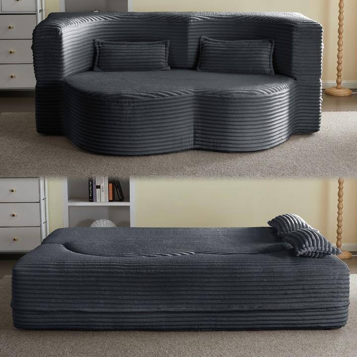 Modern 78" Full Size Convertible Corduroy Foam-Filled Sleeper Sofa,Modern Floor Sofa with 2 Pillows - Dark Grey