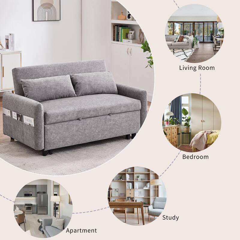 3-in-1 Pull Out Sofa Bed, Couch Bed with Adjsutable Back and Storage Pockets, 2 Seater Sofa with 2 Soft Pillows and USB Ports