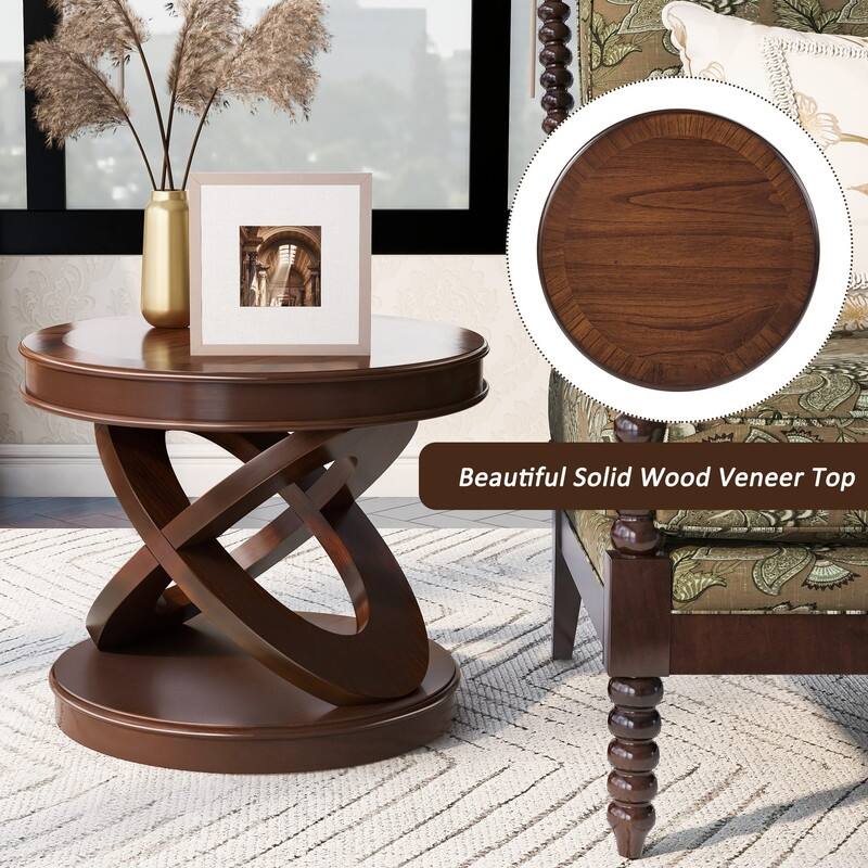 Retro Round Solid Wood End Table with X-Shape Base for Living Room Use