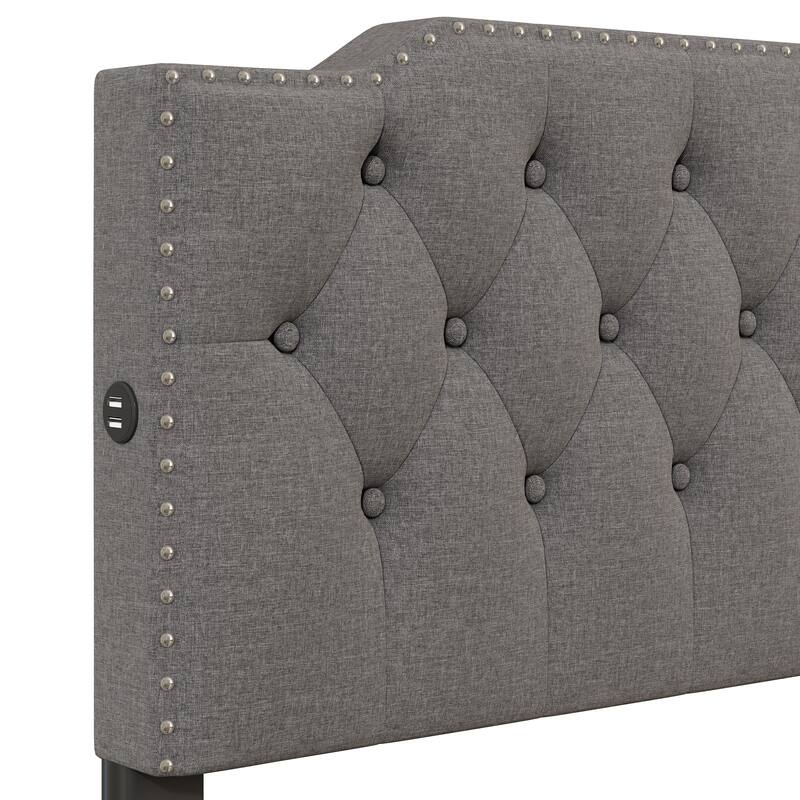 Linen Upholstered Platform Bed Button-Tufted Headboard Wood Panel Bed Frame with 2 Drawers or Trundle Bed, USB on Both Sides