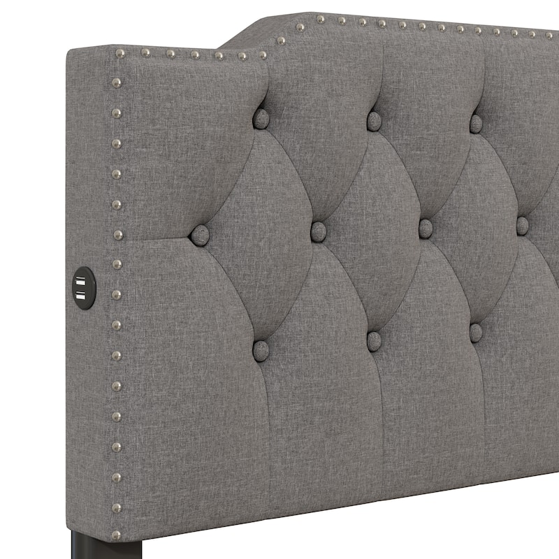Queen Size Linen Upholstered Platform Bed with 2 Drawers and 4 USB Ports, Button-Tufted Design