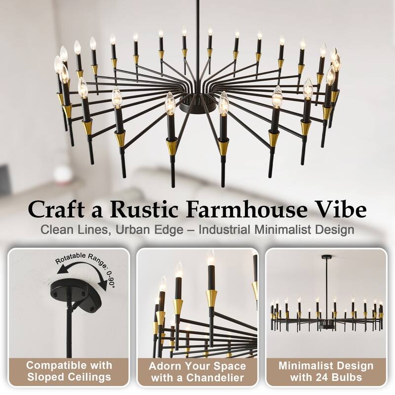 48-Inch Modern Black Farmhouse Chandelier，16-Light Industrial Round Hanging Light Fixture