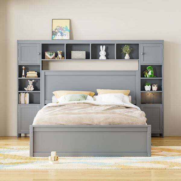 slide 2 of 12, Queen Platform Bed wAll-in-One Cabinet, Power Outlet, Drawers - Grey Gray - Queen