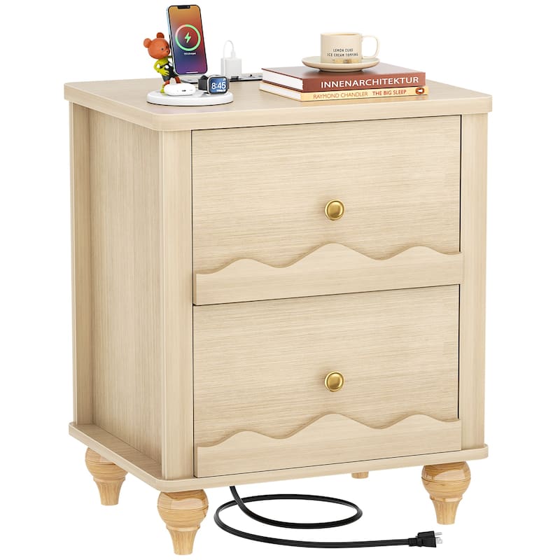 Modern Nightstand with Charging Station, Side End Table with 2 Drawers