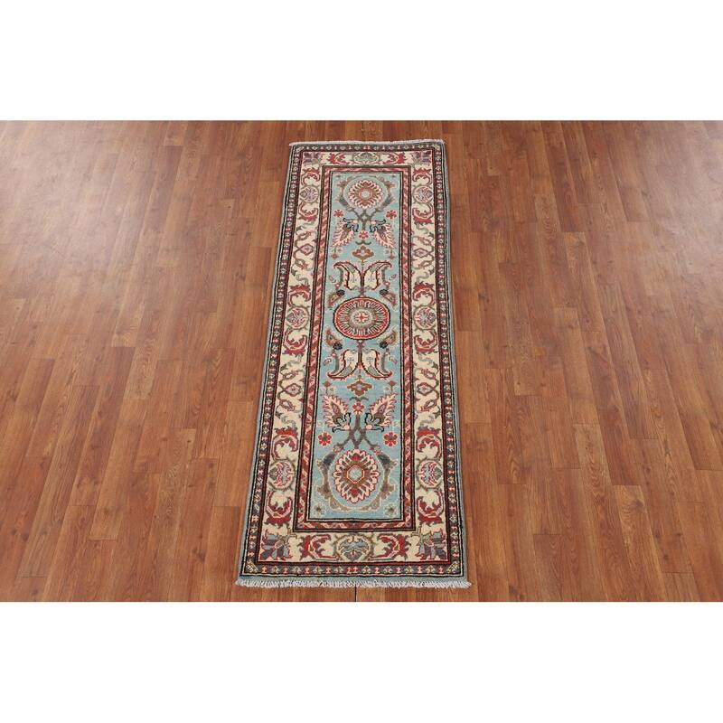 Light Blue Traditional Kazak Runner Rug Handmade Hallway Wool Carpet - 2'1" x 5'9"