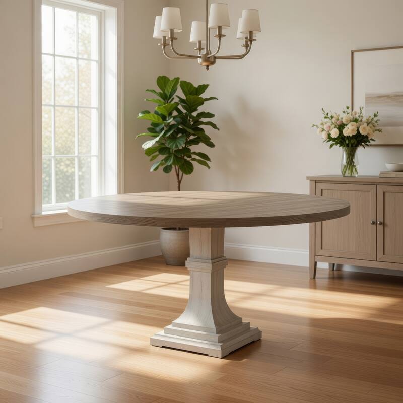 Sane 59 Inch Dining Table, Round Top with Pedestal Base, White, Gray