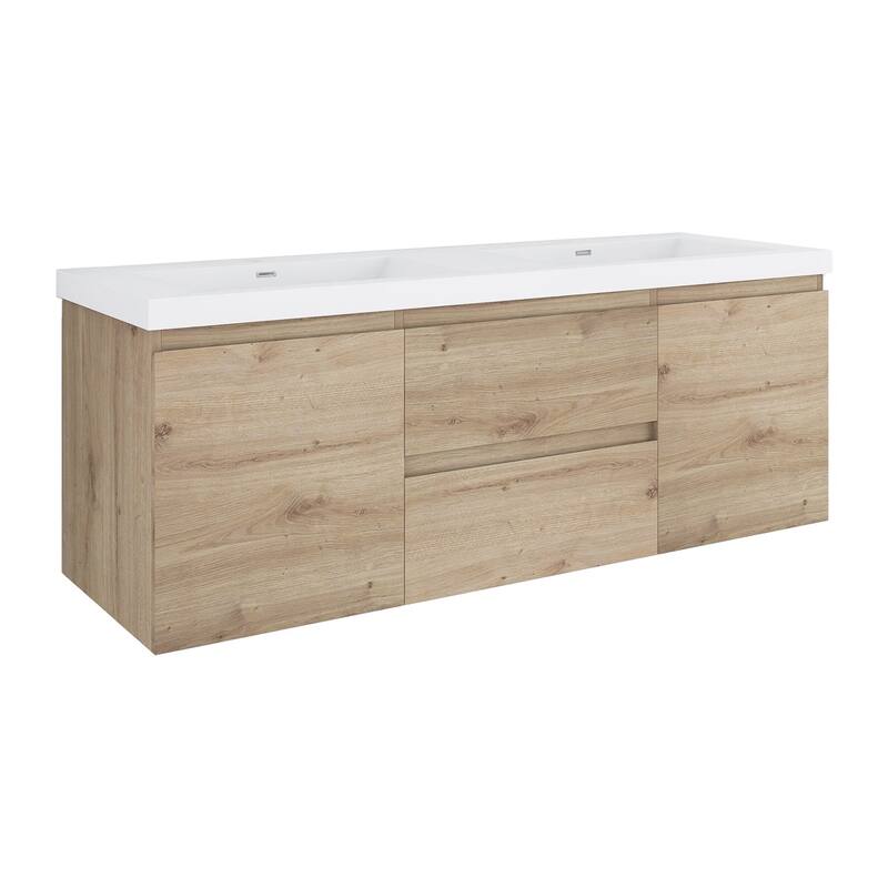 MDF Wall-Mounted Bathroom Vanity Set in Oak with Integrated Culture Marble Sink