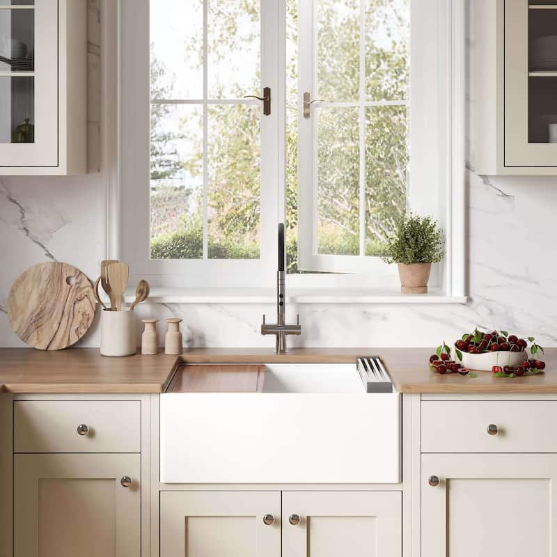 Ruvati 27 inch Fireclay Workstation White Farmhouse Kitchen Sink Apron Front Single Bowl - RVL2781WH - 27 x 18