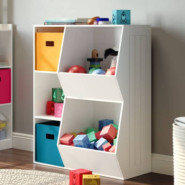 slide 2 of 13, RiverRidge Kids Playroom Toy Organizer and Bookcase with 3 Cubbies and 2 Veggie Storage Bins White