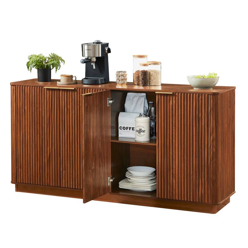 Anmytek Mid-Century Modern Sideboard with Fluted Detailing and Gold Handles in Walnut Finish