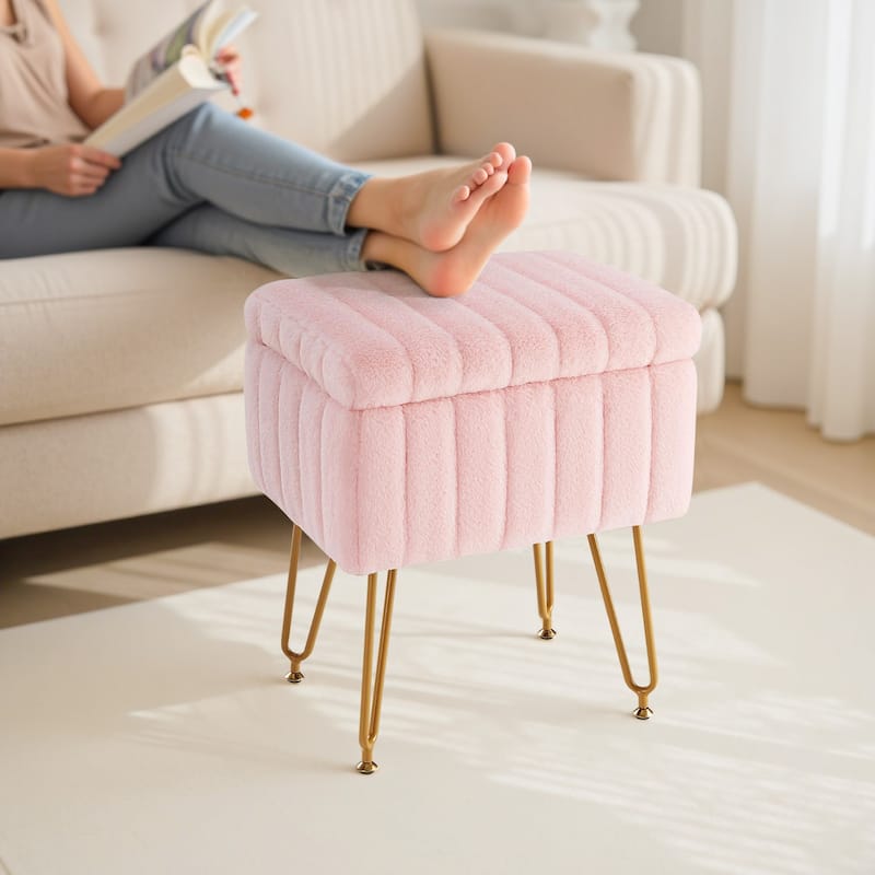 Faux Faric Soft Padded Rectangular Accent Small Ottoman Vanity Stool Chair with Storage & 4 Metal Legs