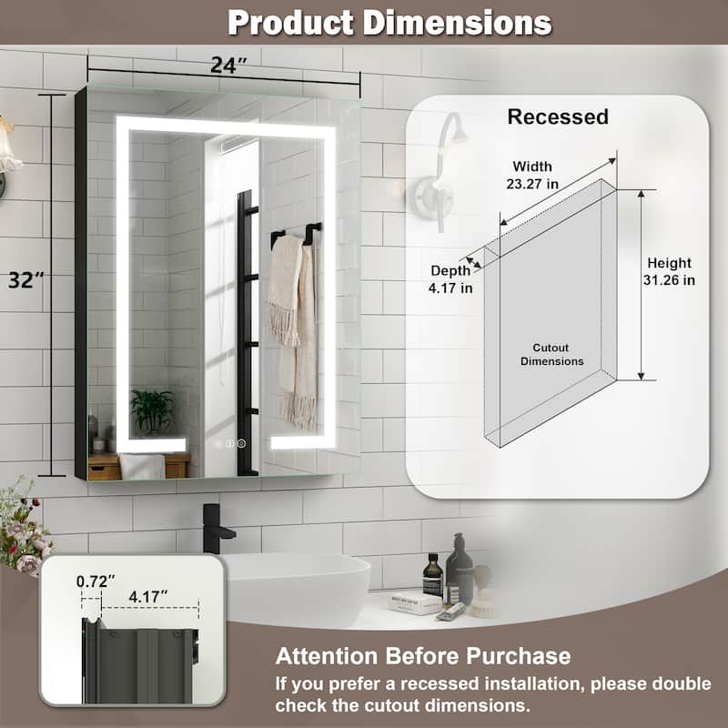 Rectangular Aluminum Recessed/Surface Mount Frameless Anti-Fog Medicine Cabinet with Dimmable LED Lights