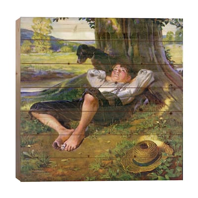 Barefoot Boy Daydreaming Print On Wood by Norman Rockwell - Multi-Color
