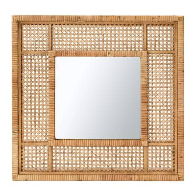 23.5" Square Modern Wood and Rattan Wall Mirror - Brown