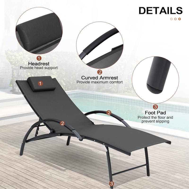 3-piece Outdoor Adjustable Aluminum Reclining Chaise Lounge Chairs with Wheels and Side Table Set