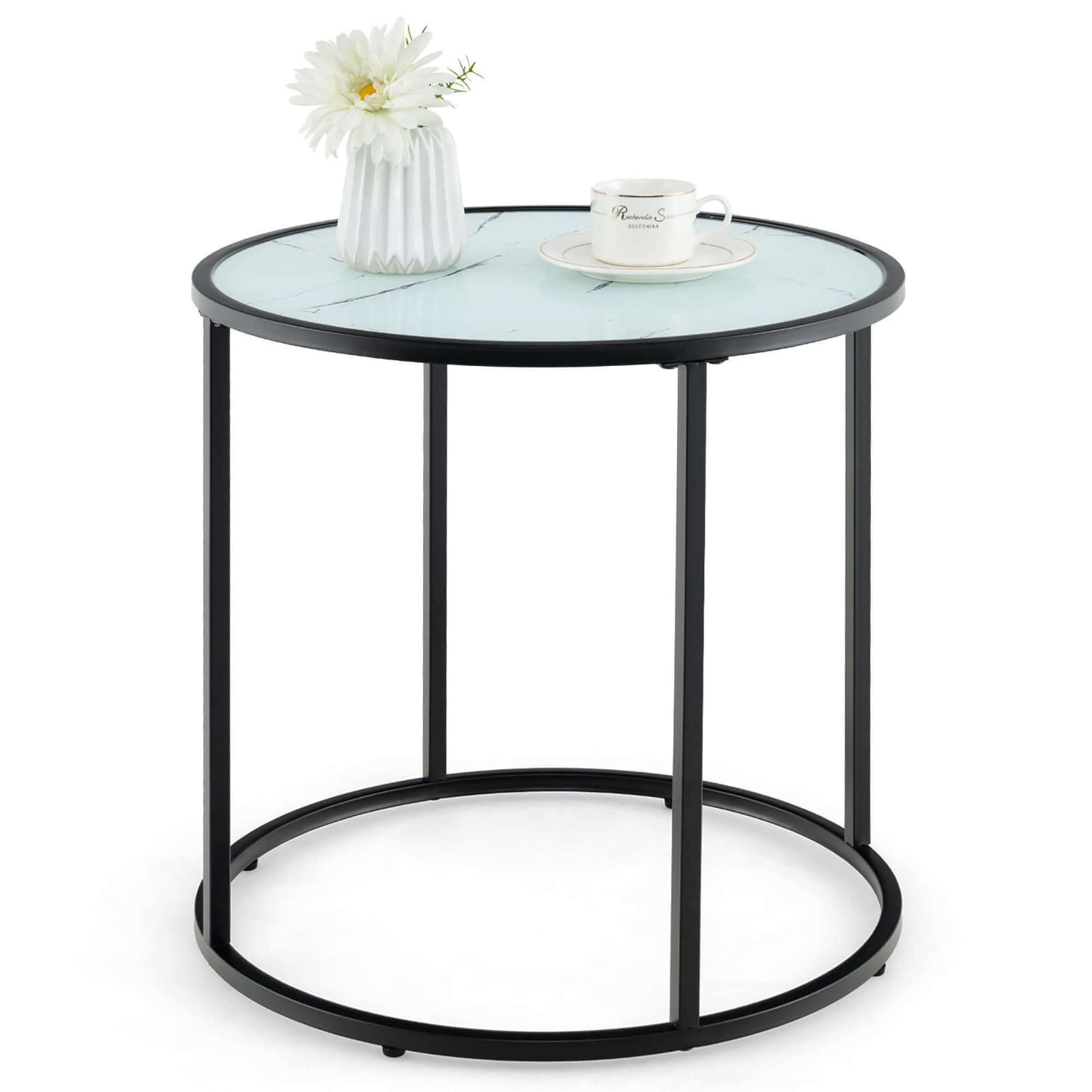Gymax Glass End Table 20'' Round Side Table w/ Metal Frame & Faux