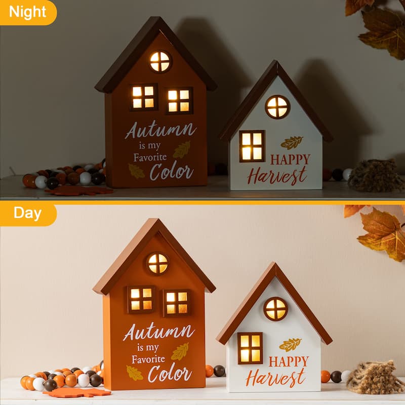 Glitzhome 8"H Set of 2 Lighted Fall Wooden House-shaped Table Decor