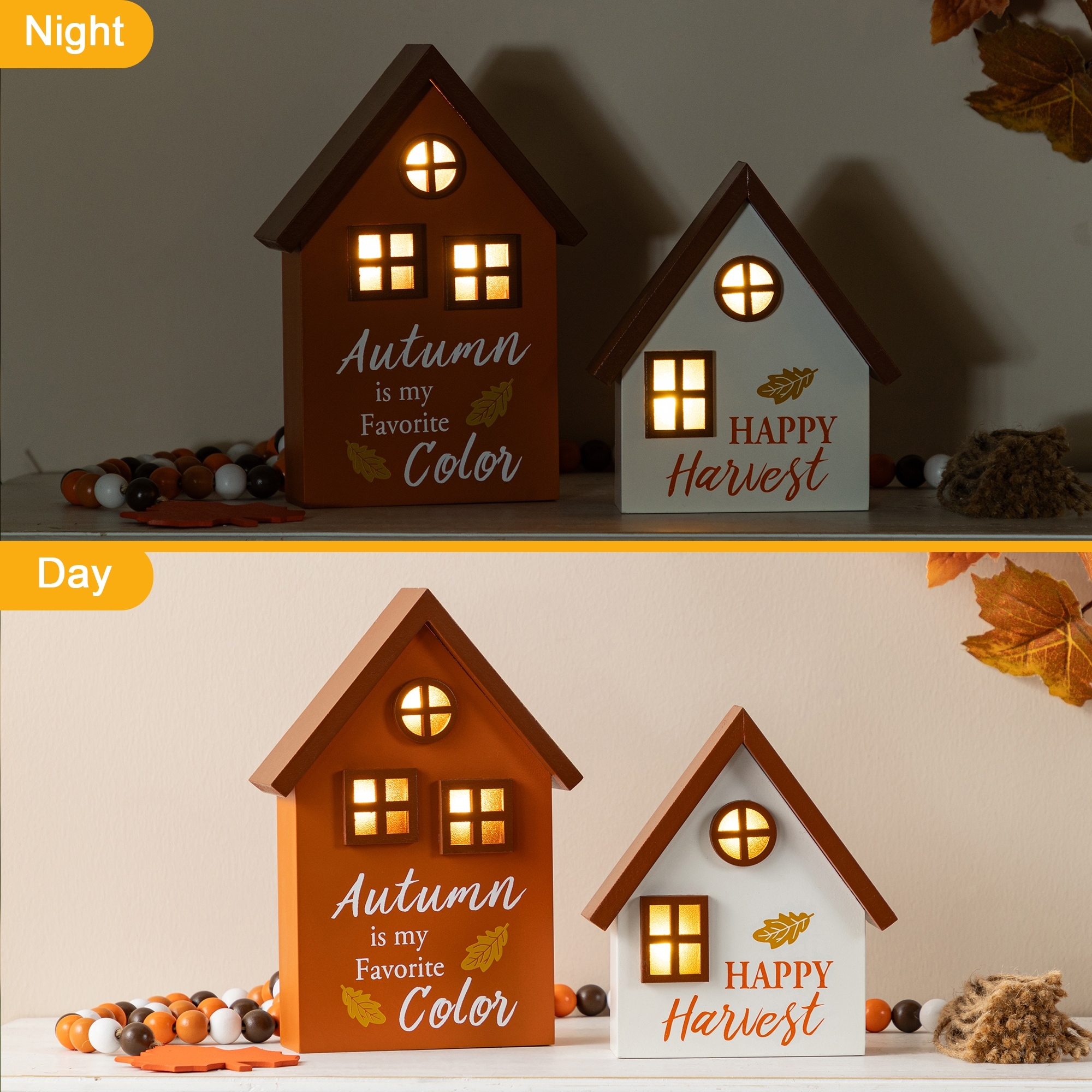 Glitzhome 8"H Set of 2 Lighted Fall Wooden House-shaped Table Decor Harvest Gift