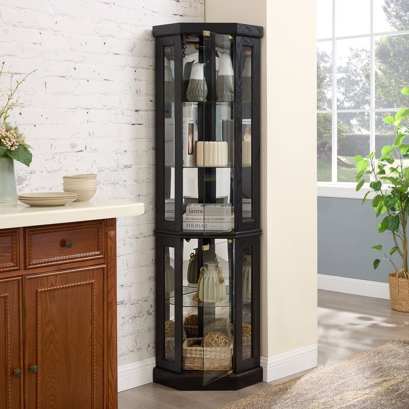 Lighted Corner Curio Cabinet - Display Case for Living Room, Antique Collectibles, Wine & Bar Glass Storage