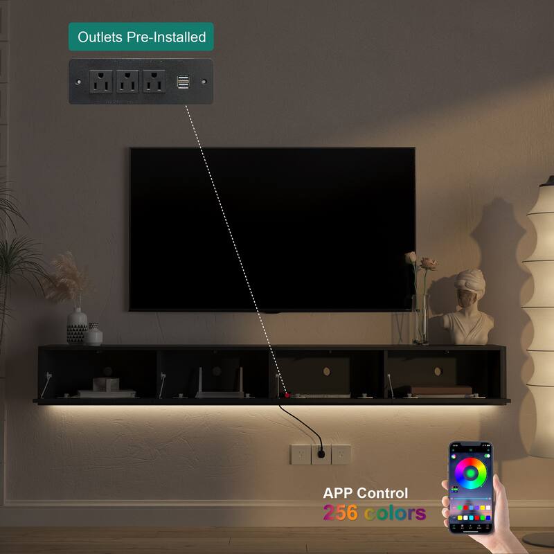 Wall Mounted Entertainment Shelf for Living Room, High Gloss Floating TV Stand with LED Lights & Power Outlet