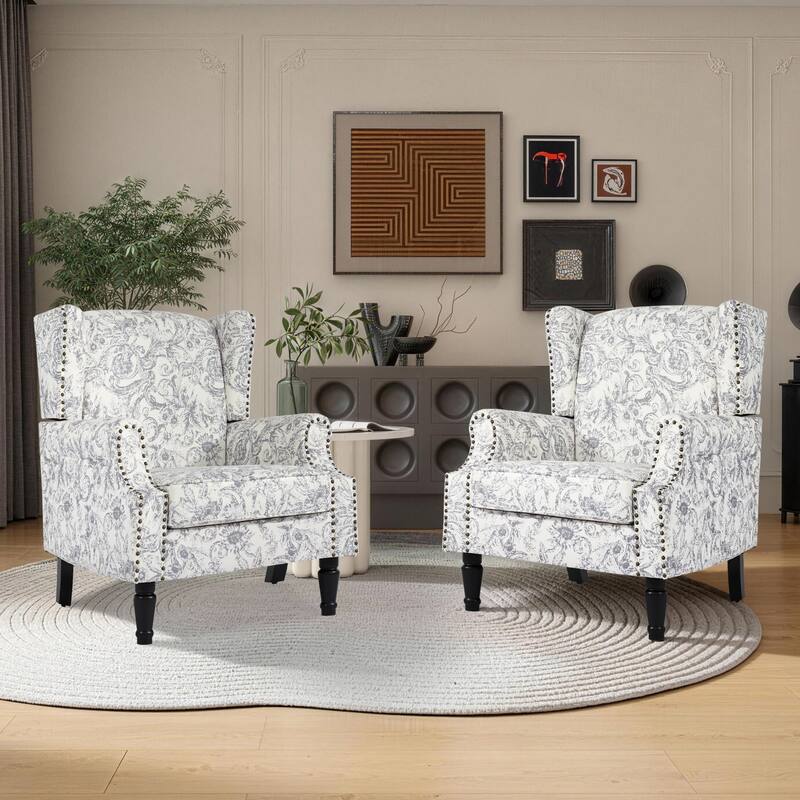 Upholstered Nailhead Trim Armchair Wingback Accent Chairs Set of 2 - Rococo Light Grey