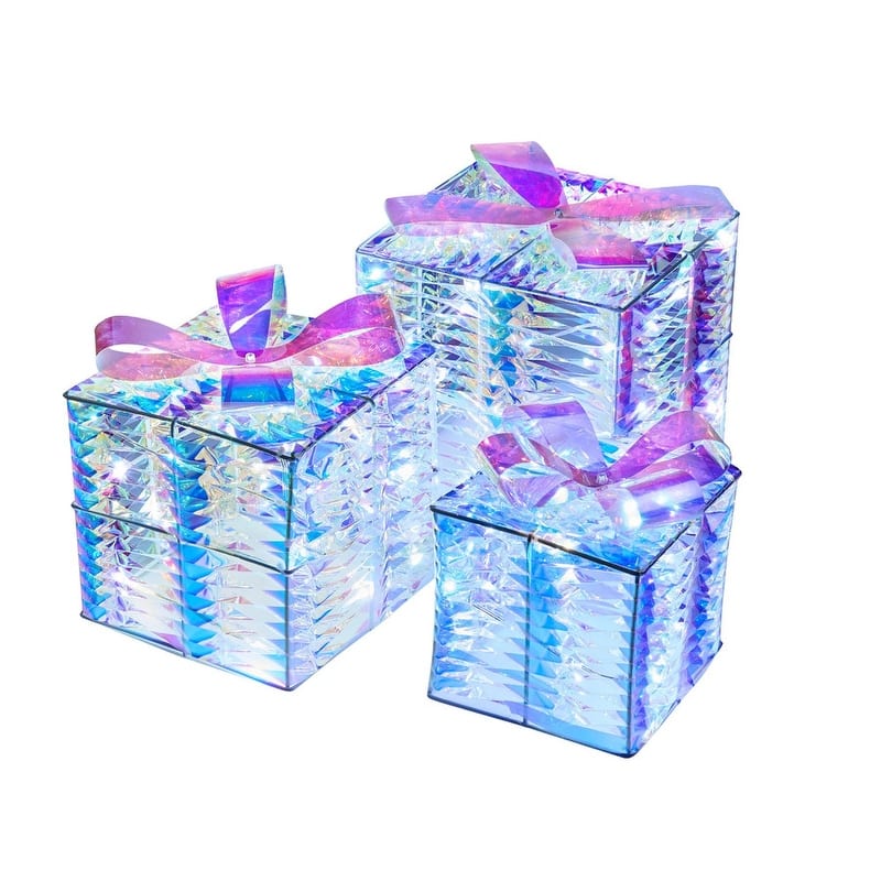 Christmas Lighted Gift Boxes - Set of 3 Iridescent Present Boxes for Indoor Holiday Décor - 100 LED Cool White Lights