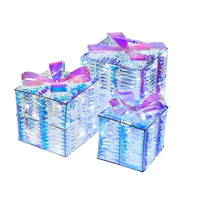 Christmas Lighted Gift Boxes - Set of 3 Iridescent Present Boxes for Indoor Holiday Décor