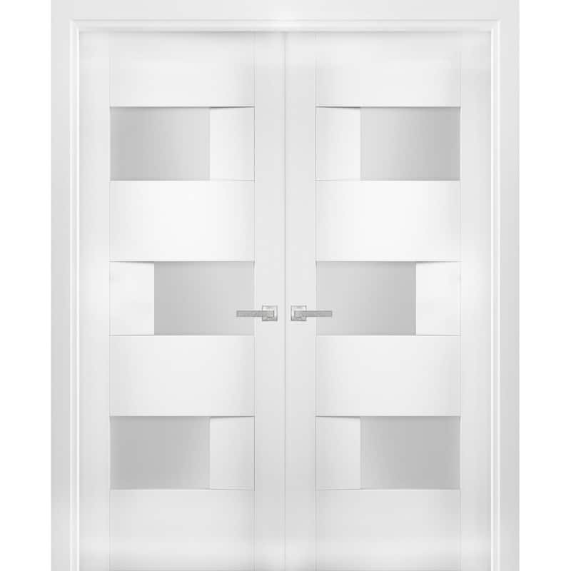 Solid French Double Doors Opaque Glass / Sete 6933 White Silk / Wood Solid Panel Frame / Closet Bedroom Modern Doors